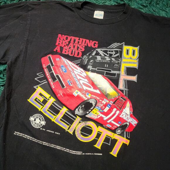 Vintage 1992 Bill Elliott Budweiser NASCAR Tee XL “Nothing Beats a Bud” Black - Picture 3 of 6